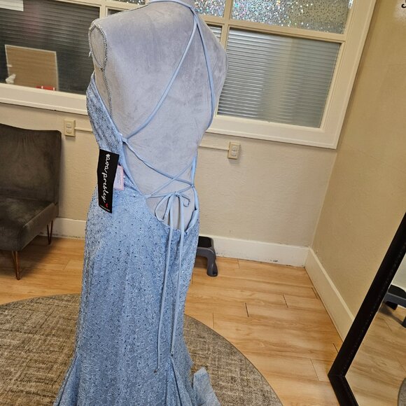 Size 14 light blue shimmer lace/rhinestone high neck lace trumpet NWT - Picture 6 of 11